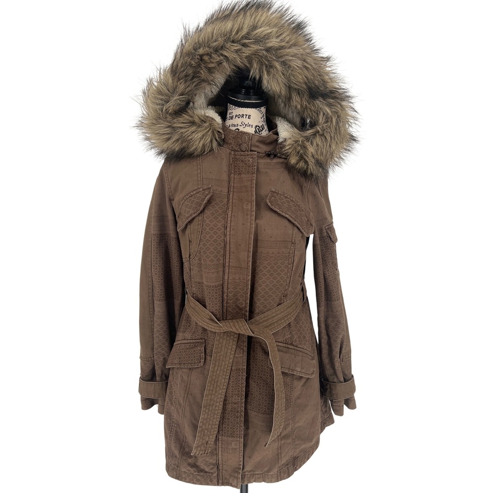 Hei Hei Brunswick Anorak Jacket Anthropologie Brown Patterned‎ Fur Hood XS EUC